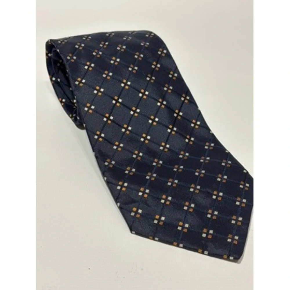 Angelos Italian Luxury Silk Tie Necktie Navy Blue‎ Gold White Diamond